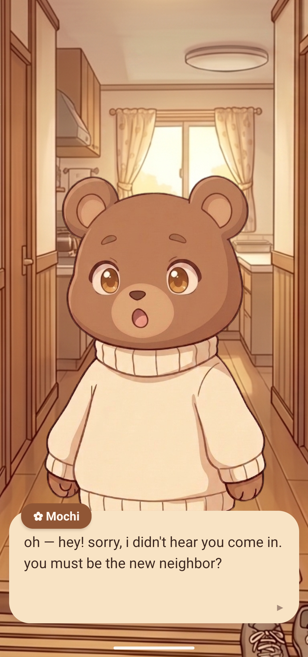 Mochi greeting the user from her apartment hallway in the app.